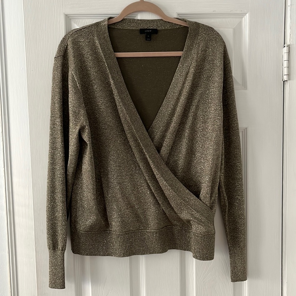 Gold metallic faux wrap sweater size XL J Crew